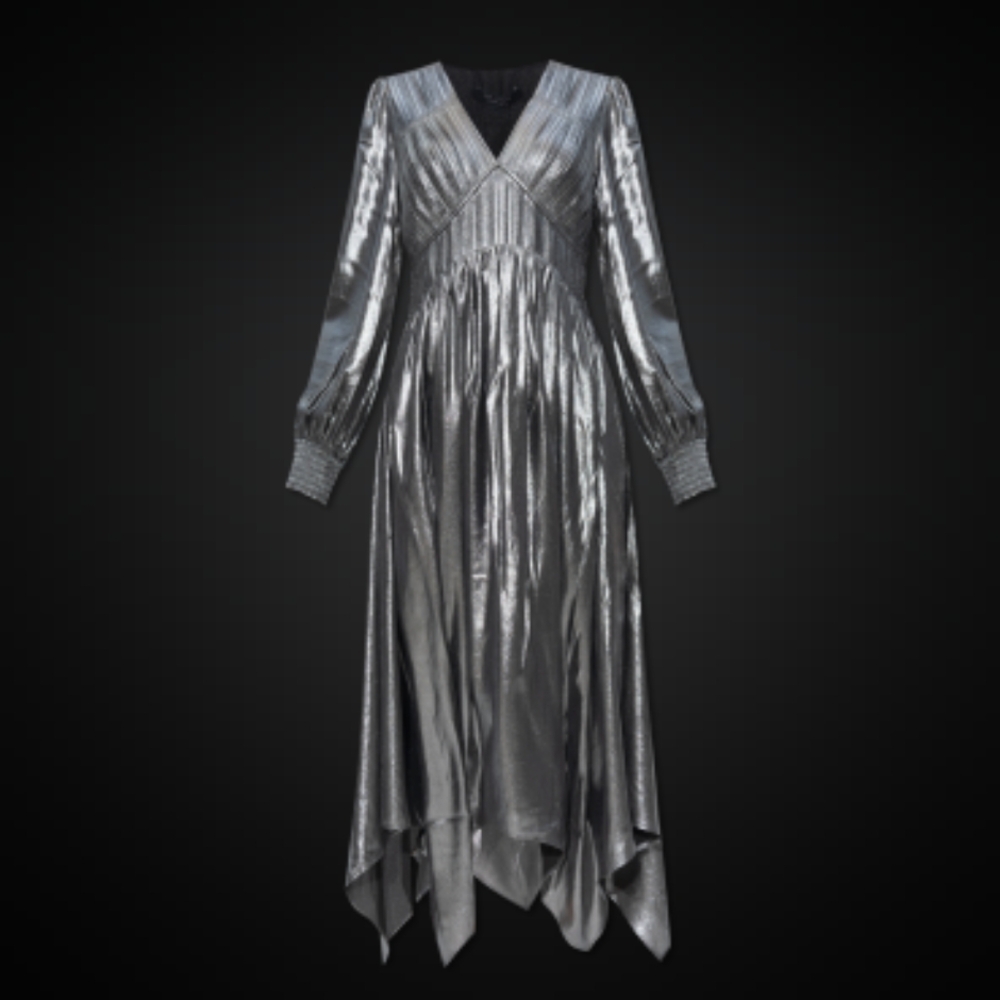 Allsaints Estelle Midi Dress in Silver Size UK 8 US 4 EU 36 XS